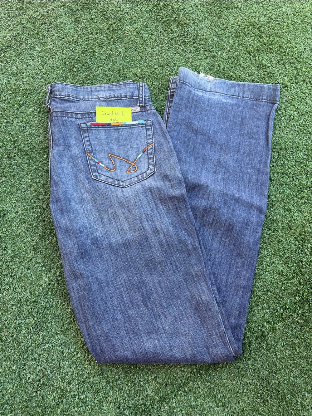 Blue Straight Leg Jeans with Embroidered Back Pocket